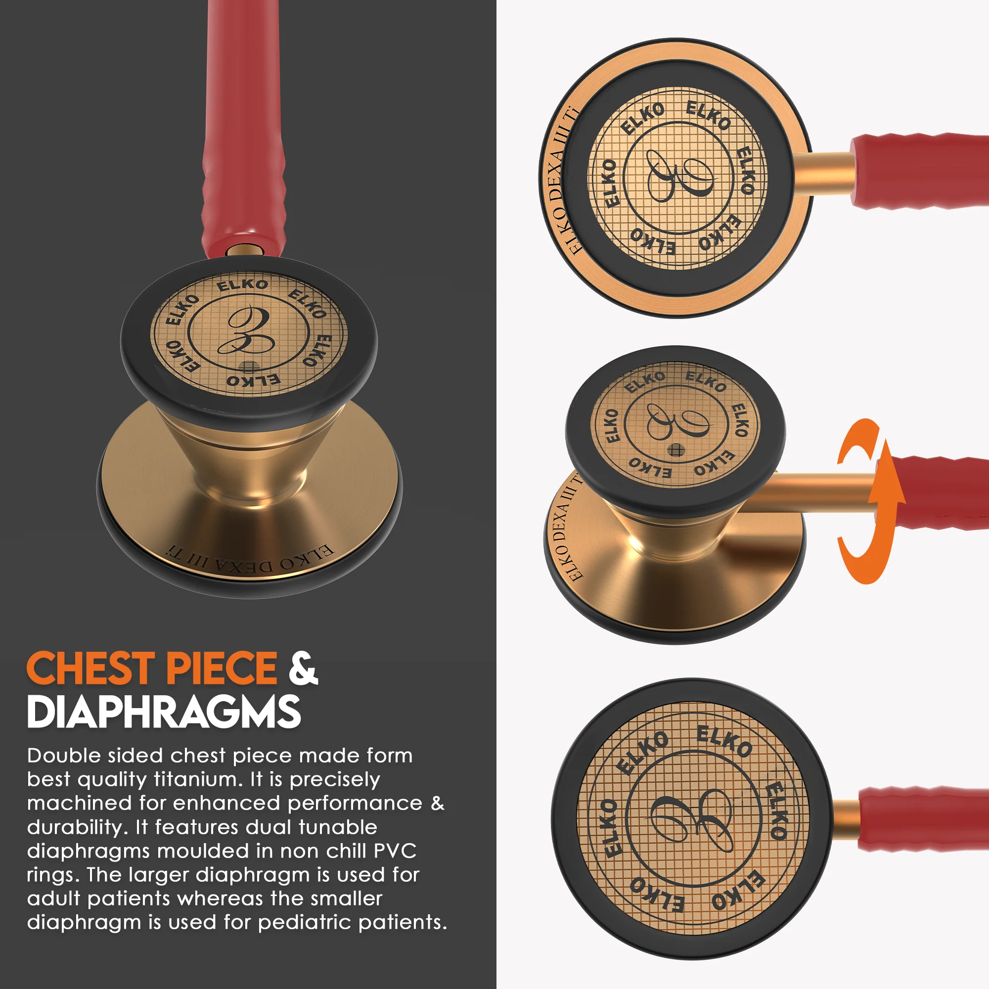ELKO DEXA III Ti Titanium Stethoscope - Rose Gold - Image 24