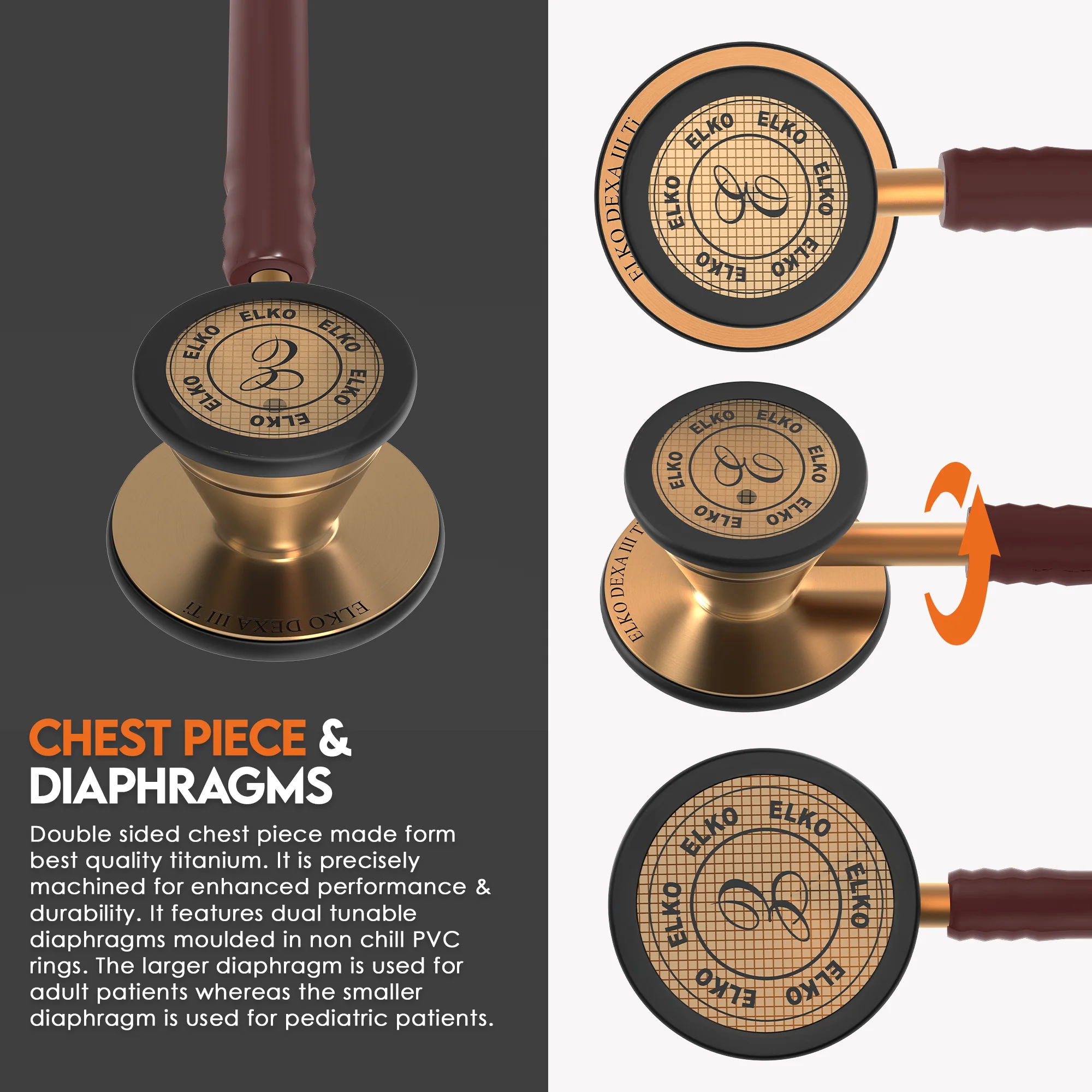 ELKO DEXA III Ti Titanium Stethoscope - Rose Gold - Image 3