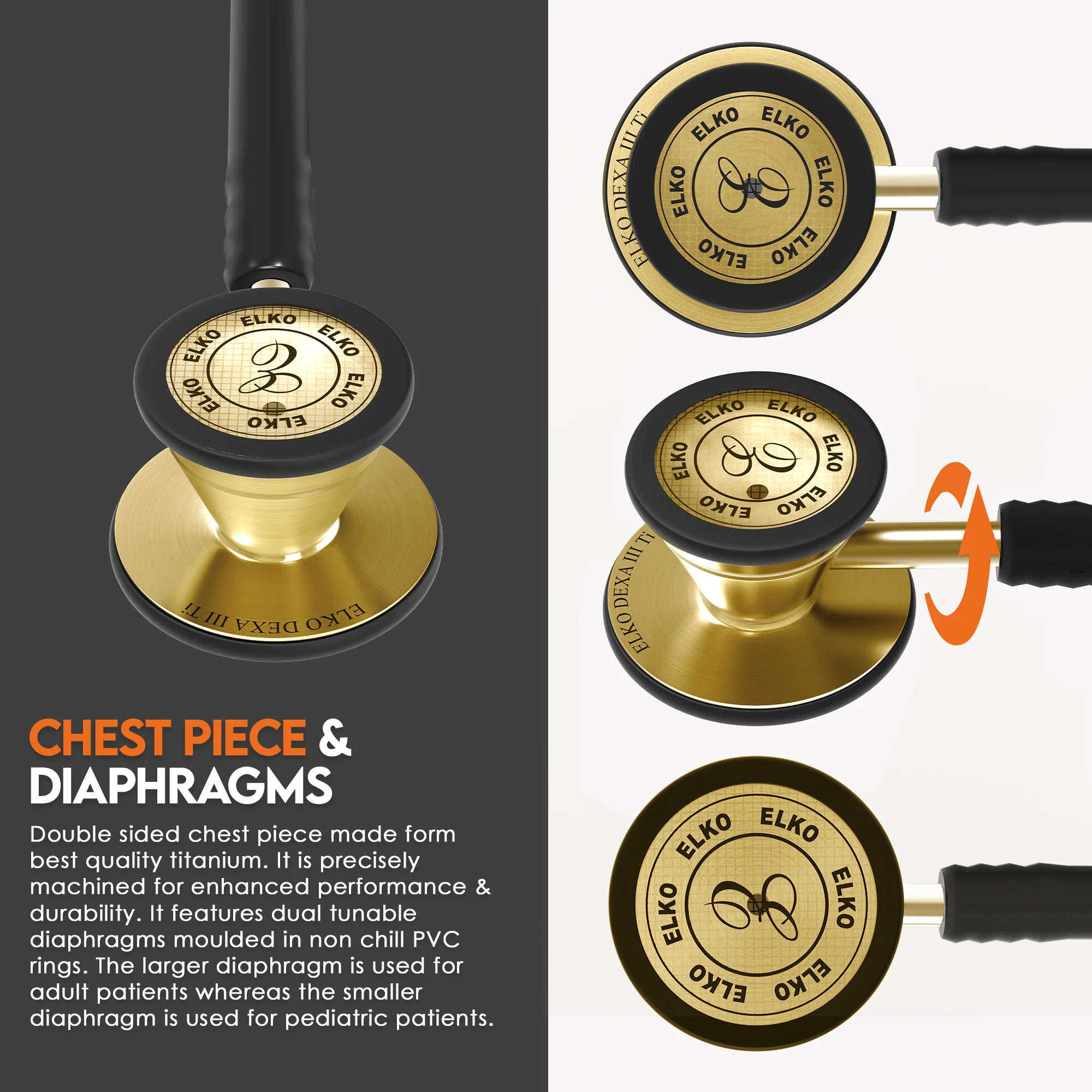 ELKO DEXA III Ti Titanium Stethoscopes- Gold Edition - Image 3