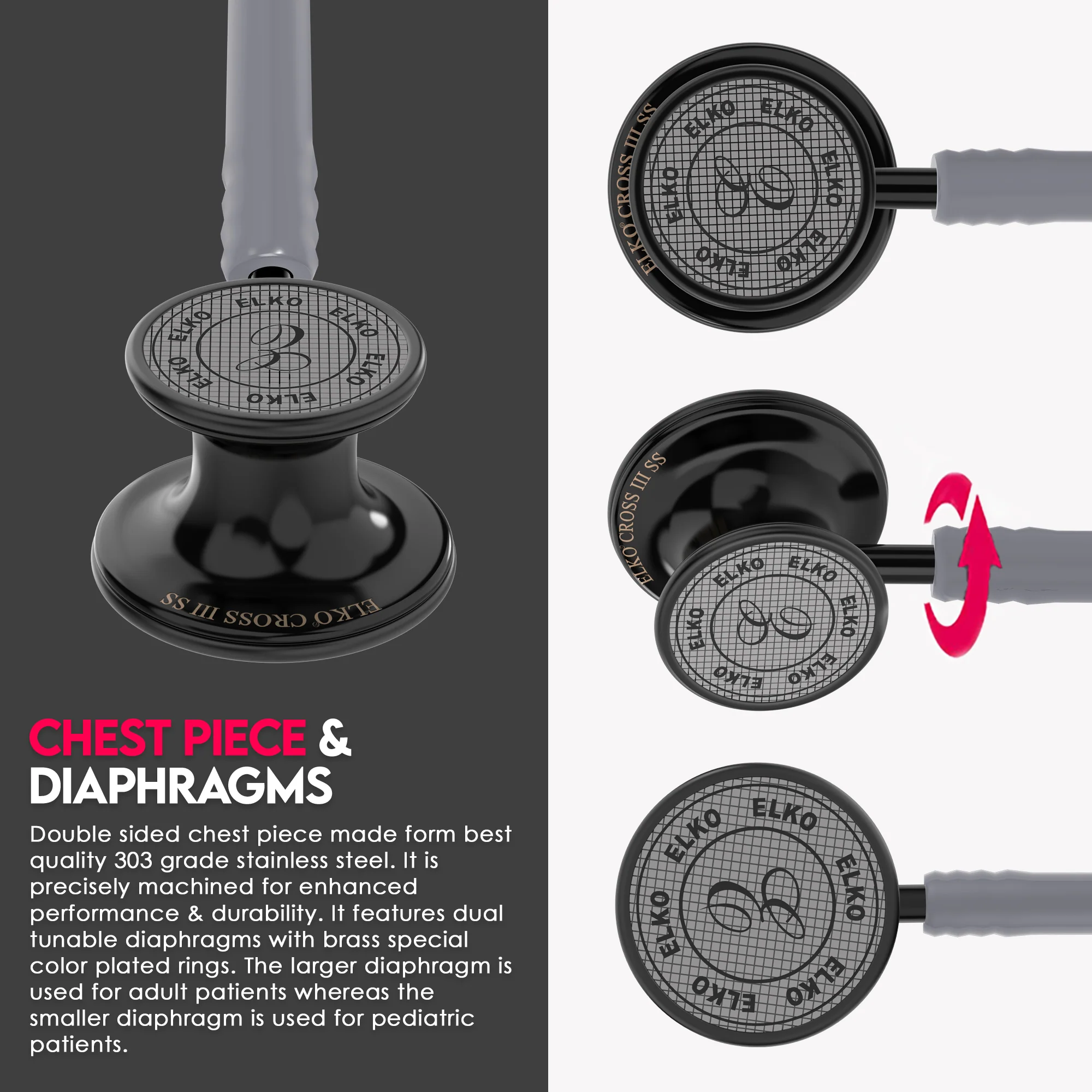 ELKO CROSS III SS Stainless Steel Stethoscope - Black Edition - Image 38