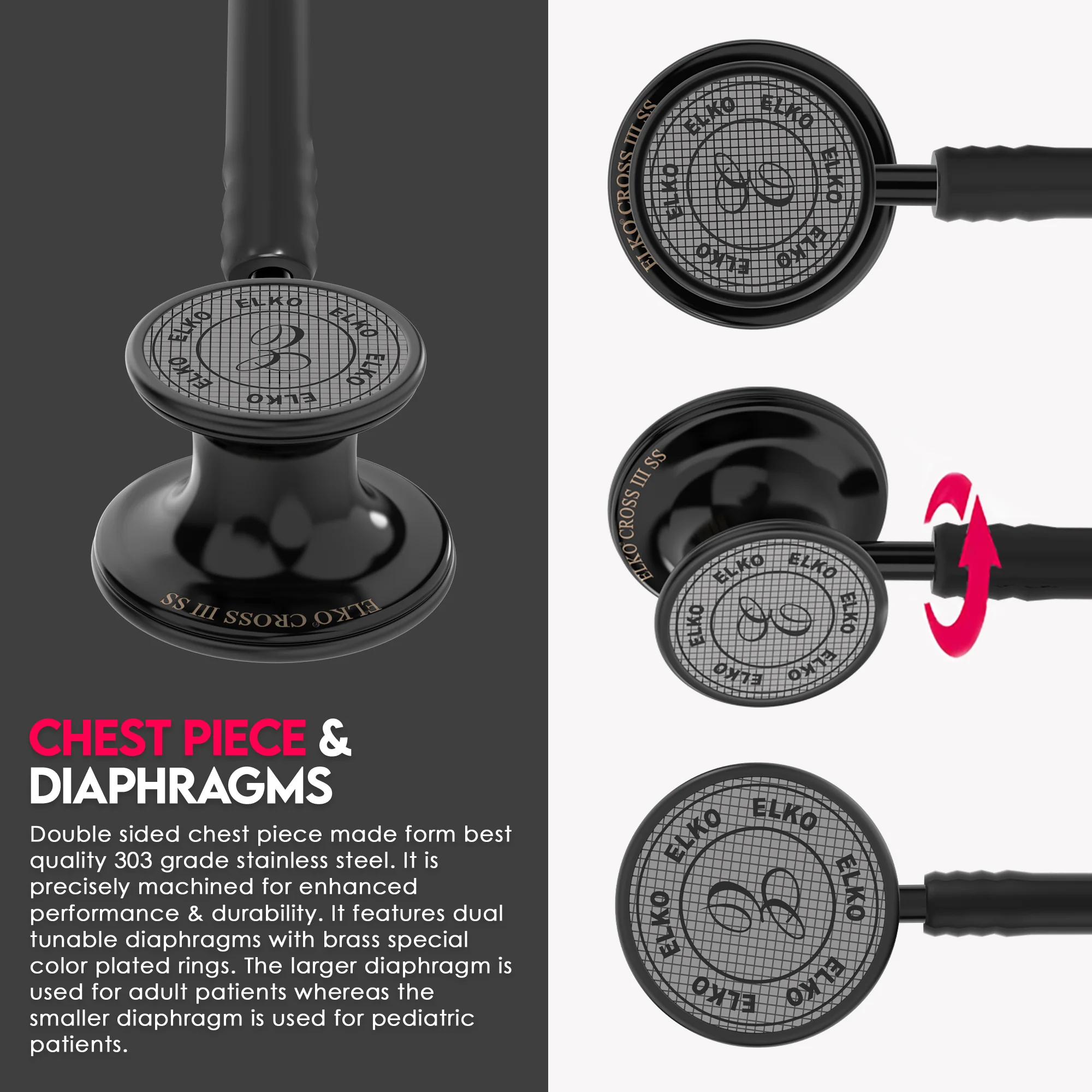 ELKO CROSS III SS Stainless Steel Stethoscope - Black Edition - Image 6