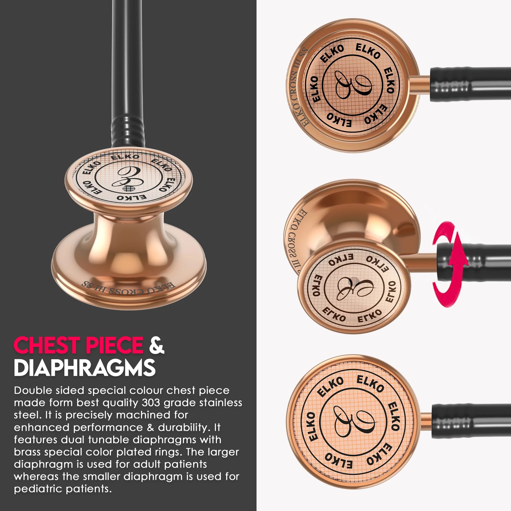 ELKO CROSS III SS Stainless Steel Stethoscope - Rose Gold - Image 14