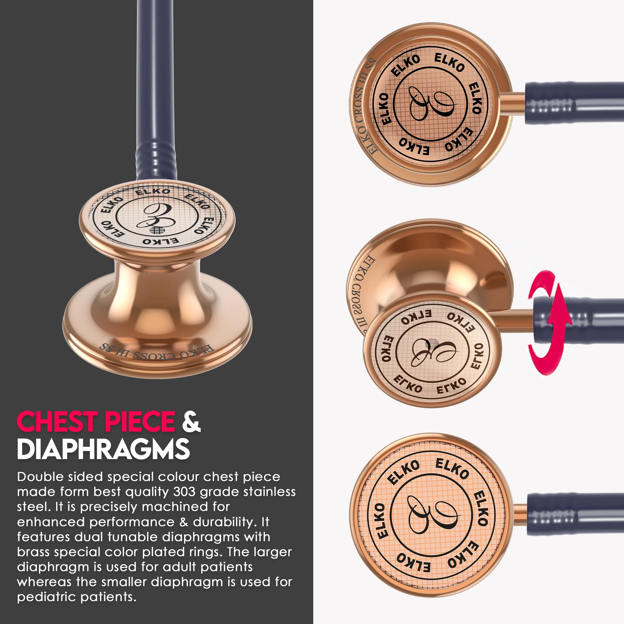 ELKO CROSS III SS Stainless Steel Stethoscope - Rose Gold - Image 22