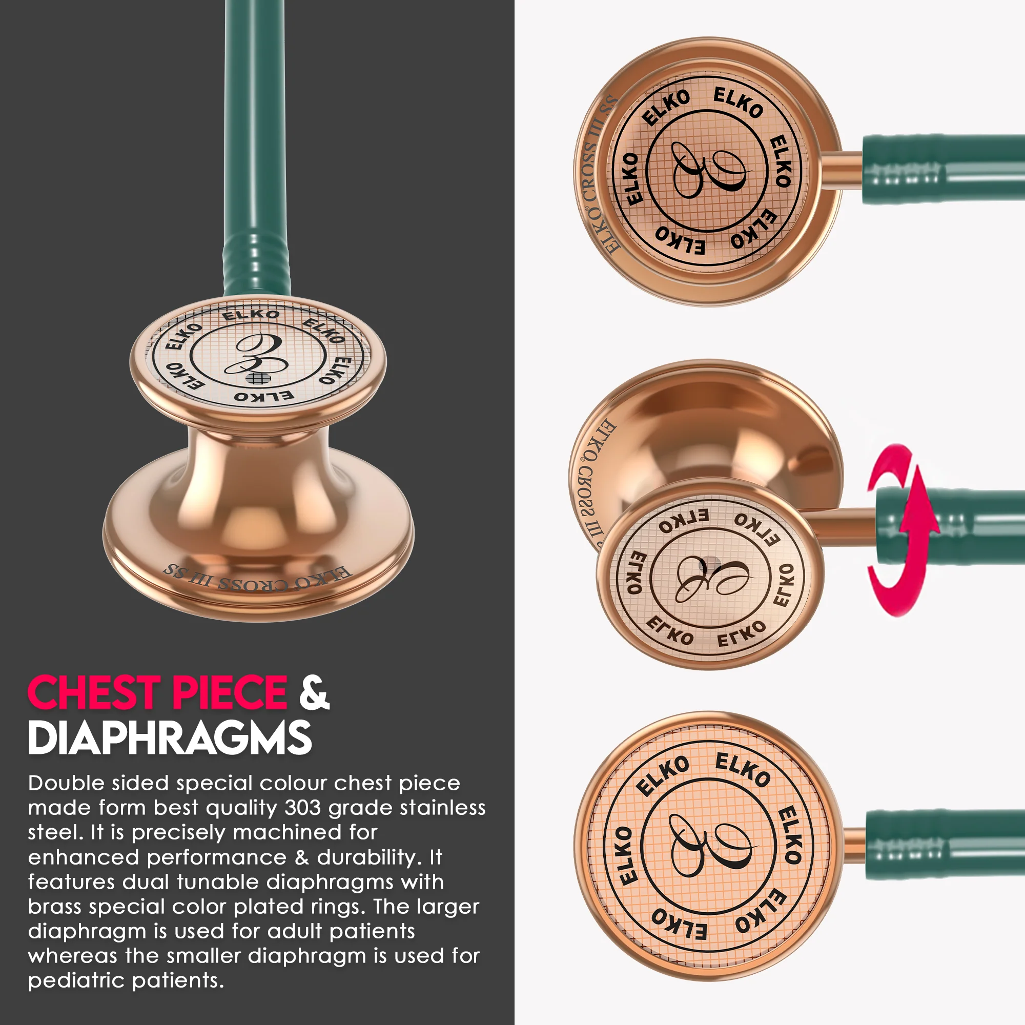 ELKO CROSS III SS Stainless Steel Stethoscope - Rose Gold - Image 30