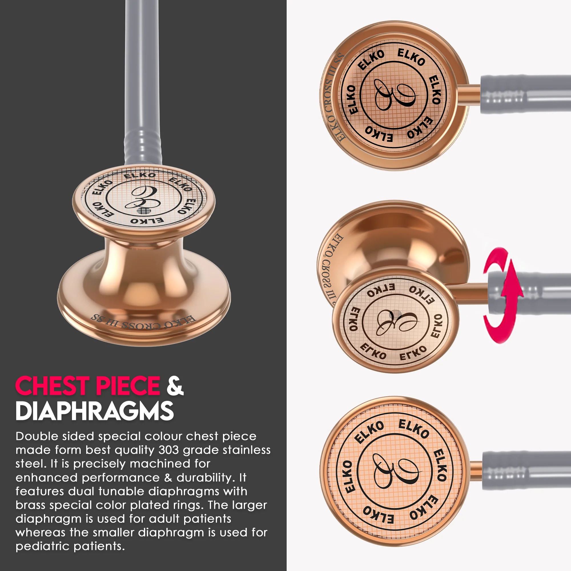ELKO CROSS III SS Stainless Steel Stethoscope - Rose Gold - Image 39