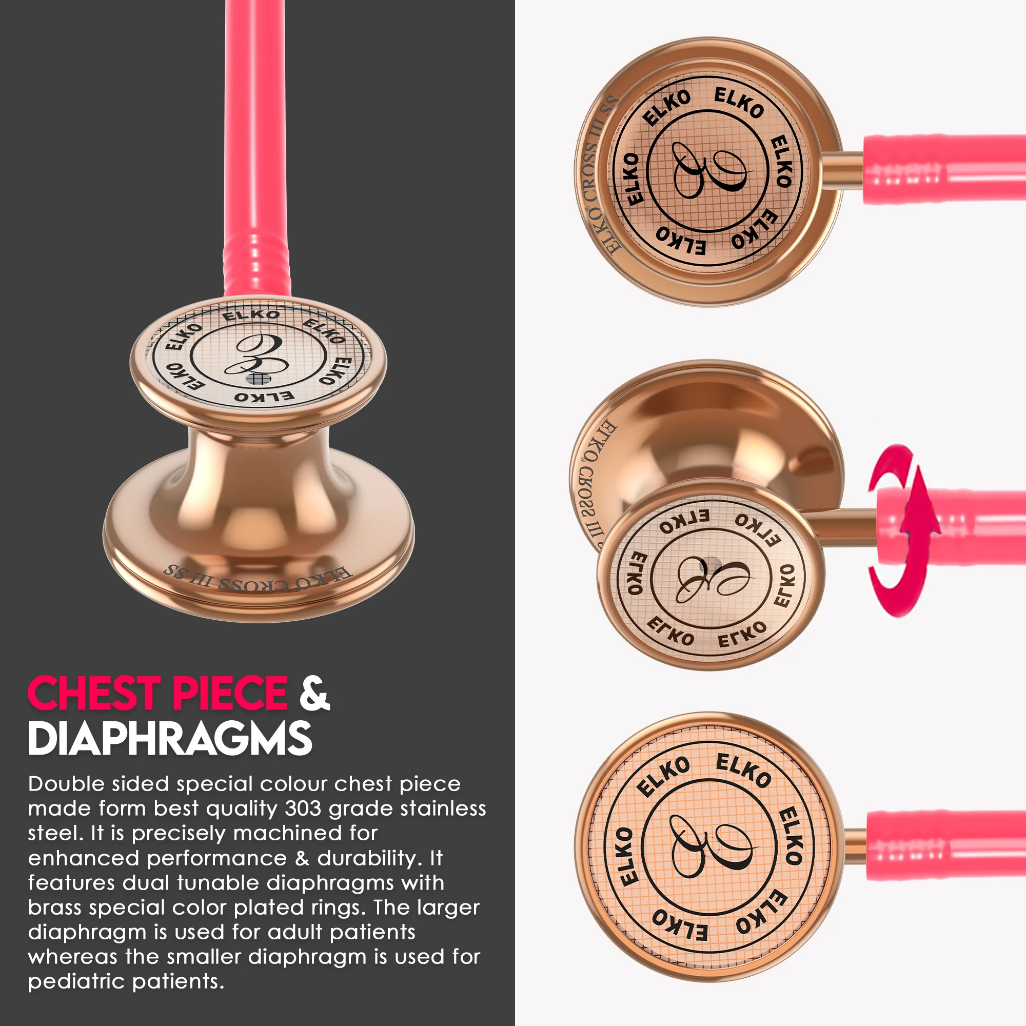 ELKO CROSS III SS Stainless Steel Stethoscope - Rose Gold - Image 47