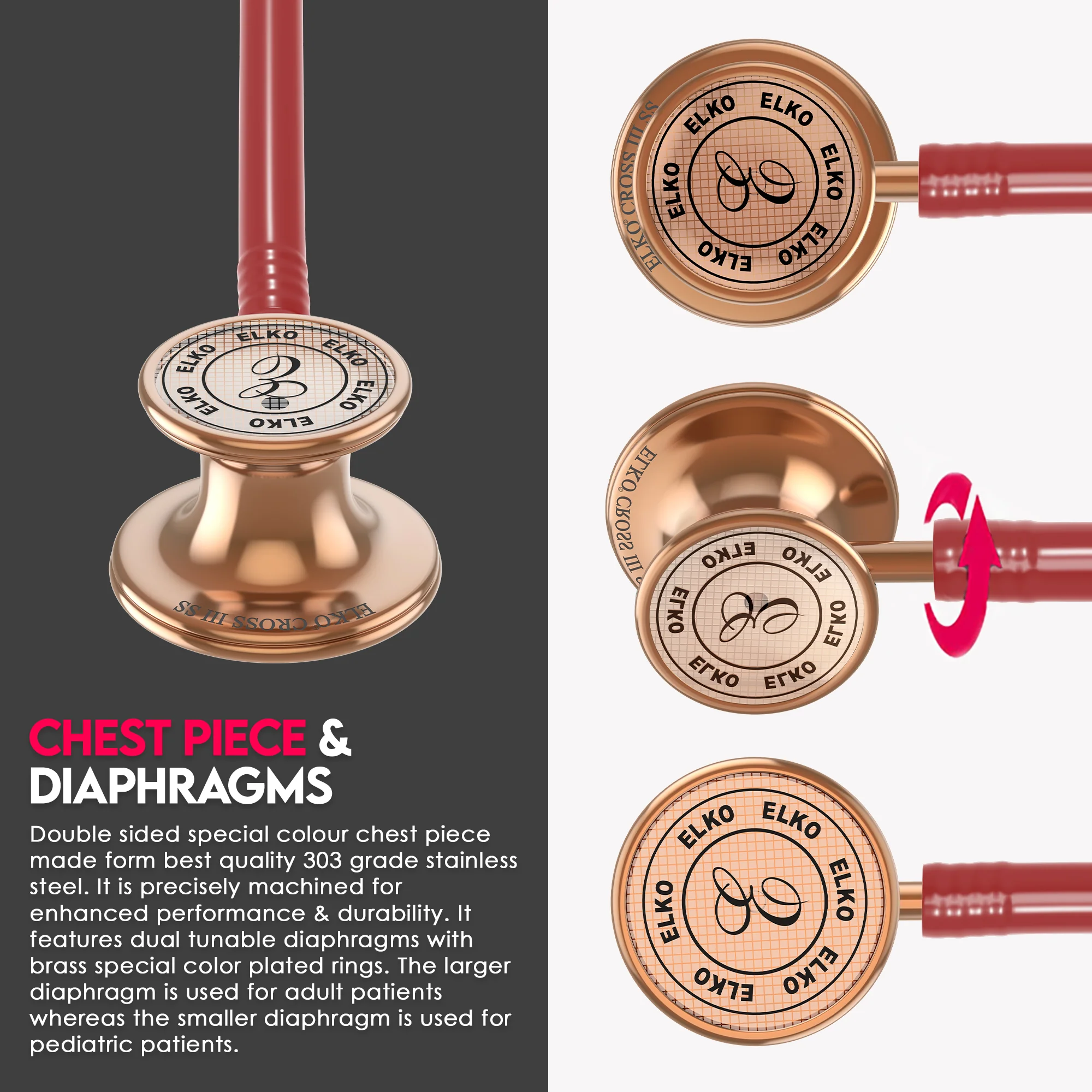 ELKO CROSS III SS Stainless Steel Stethoscope - Rose Gold - Image 55