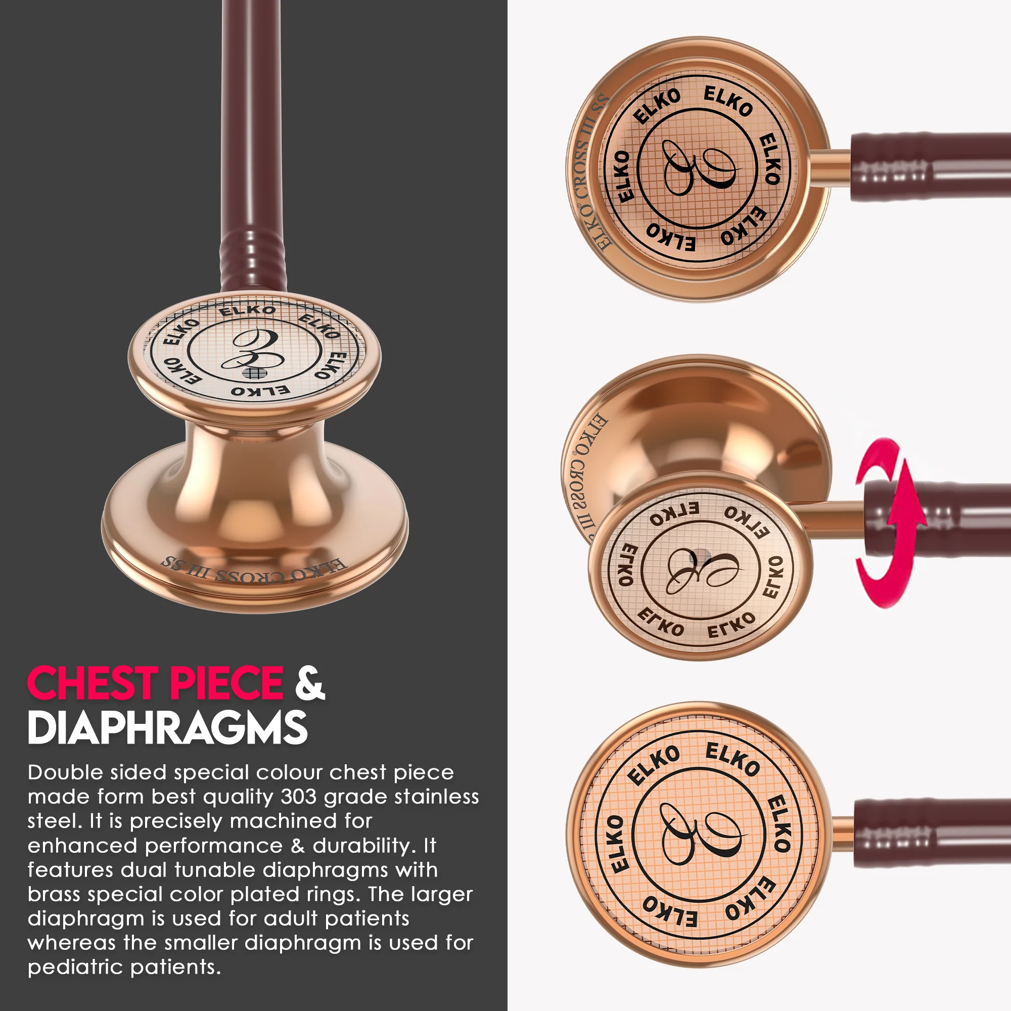 ELKO CROSS III SS Stainless Steel Stethoscope - Rose Gold - Image 7