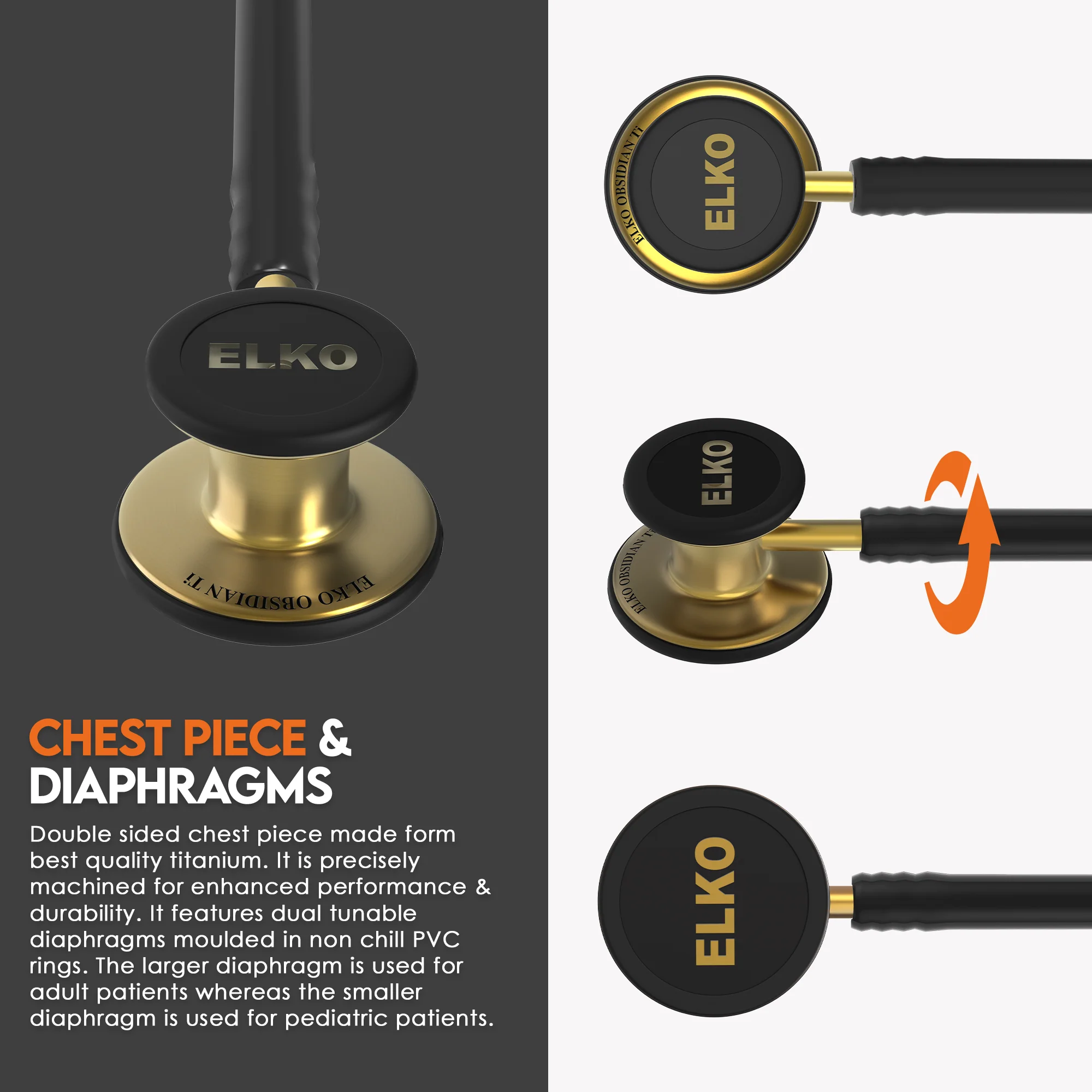 ELKO OBSIDIAN Series Titanium Stethoscope – French Gold Edition / Black Tubing - Image 4