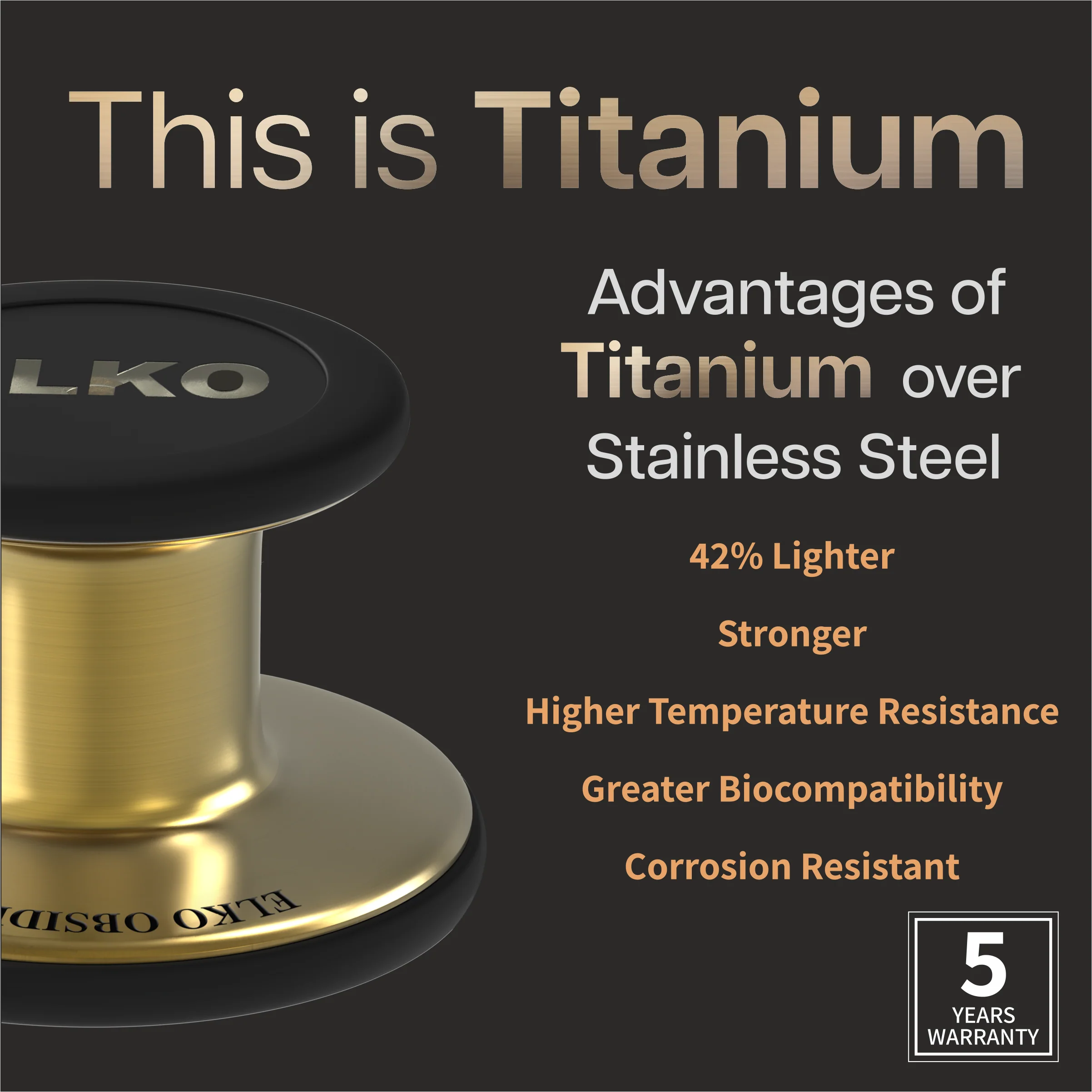 ELKO OBSIDIAN Series Titanium Stethoscope – French Gold Edition / Brown Tubing - Image 3