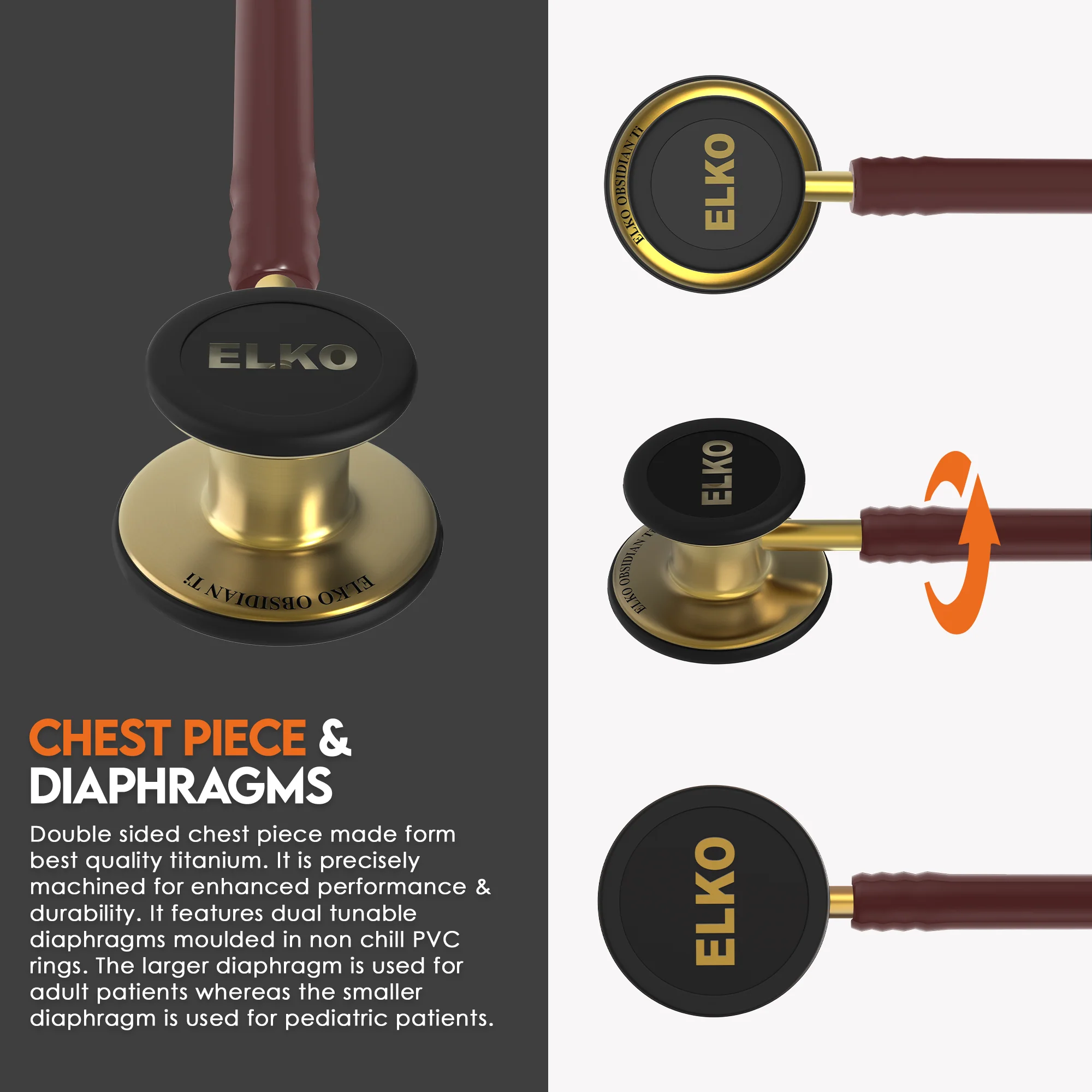 ELKO OBSIDIAN Series Titanium Stethoscope – French Gold Edition / Brown Tubing - Image 4