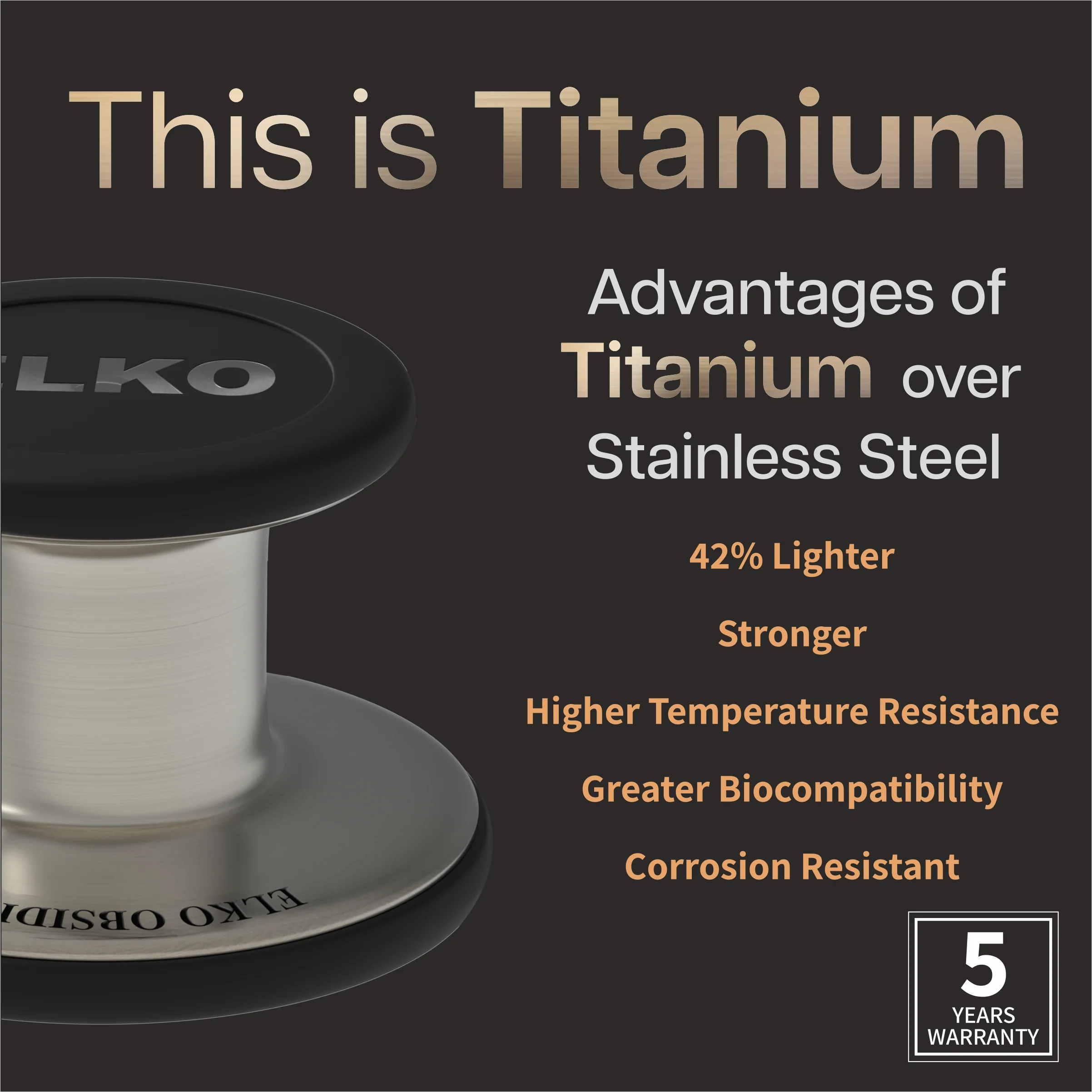 ELKO OBSIDIAN Series Titanium Stethoscope– Natural Edition / Black Tubing - Image 3