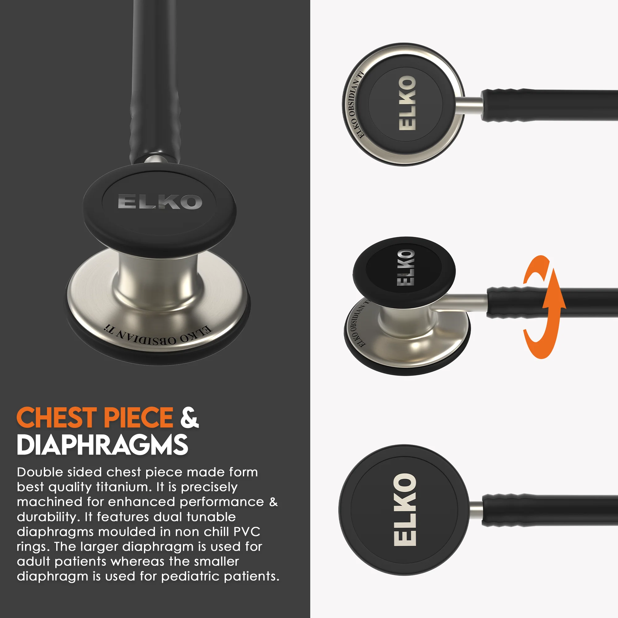 ELKO OBSIDIAN Series Titanium Stethoscope– Natural Edition / Black Tubing - Image 4