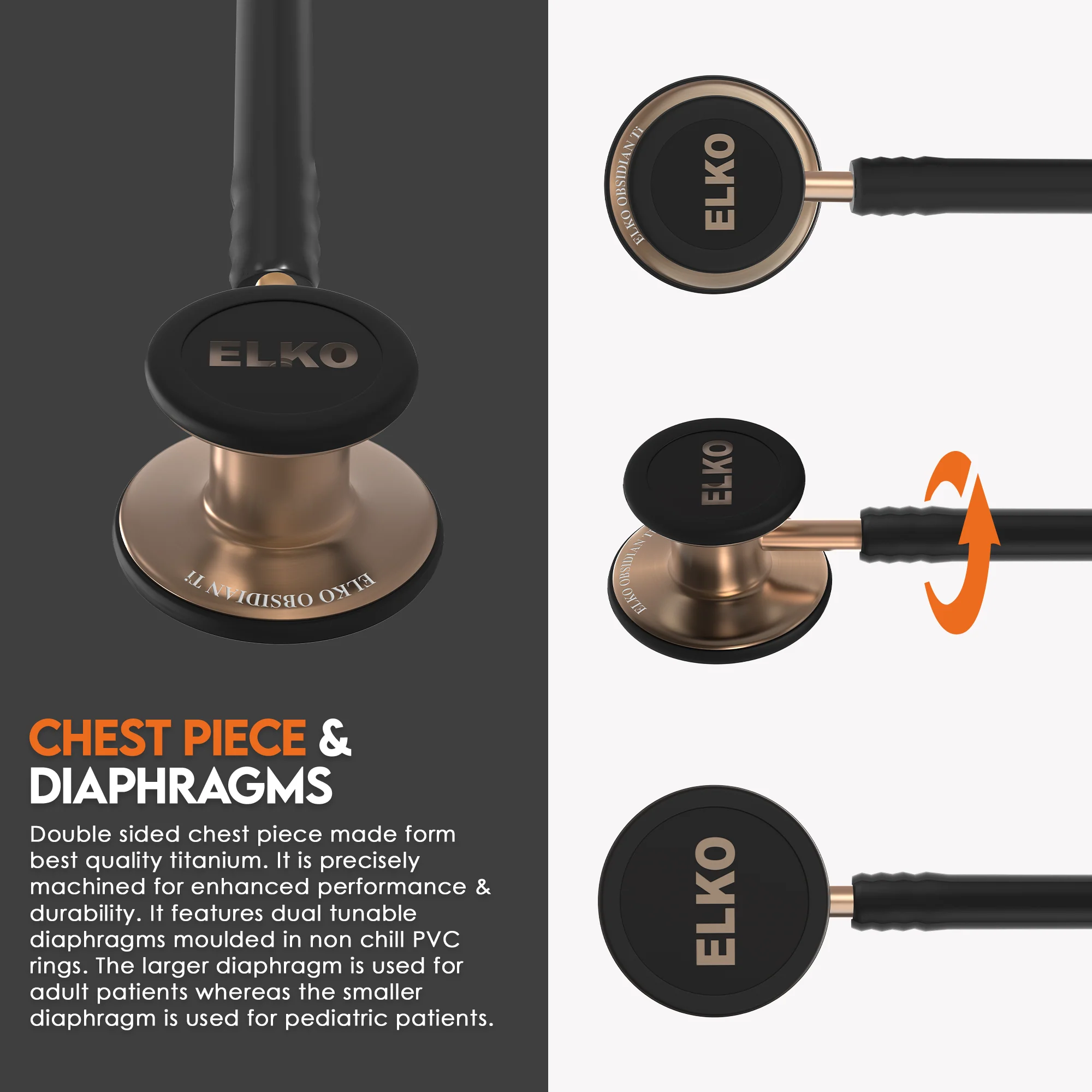 ELKO OBSIDIAN Series Titanium Stethoscope – Rose Gold Edition / Black Tubing - Image 4