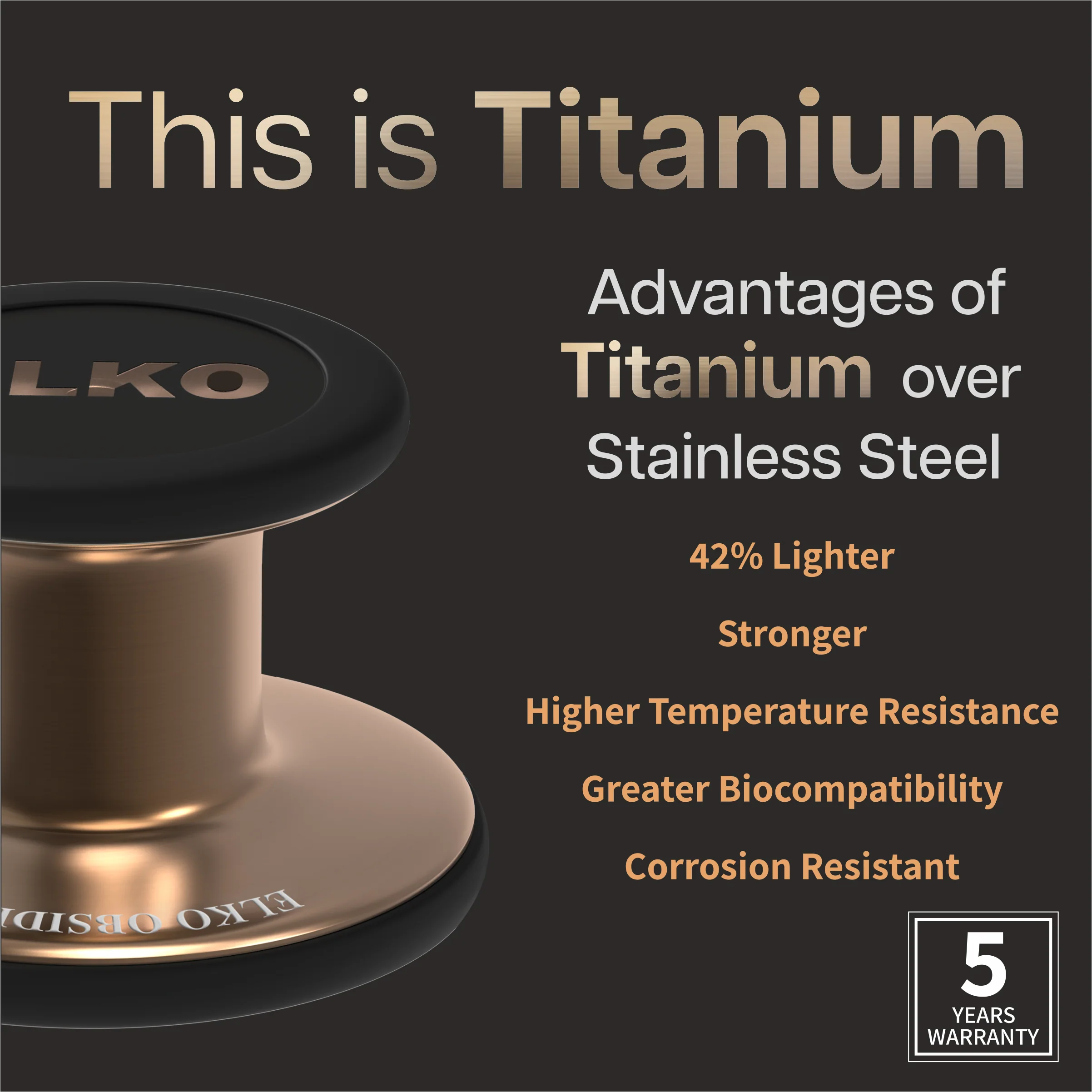 ELKO OBSIDIAN Series Titanium Stethoscope – Rose Gold Edition / Brown Tubing - Image 3