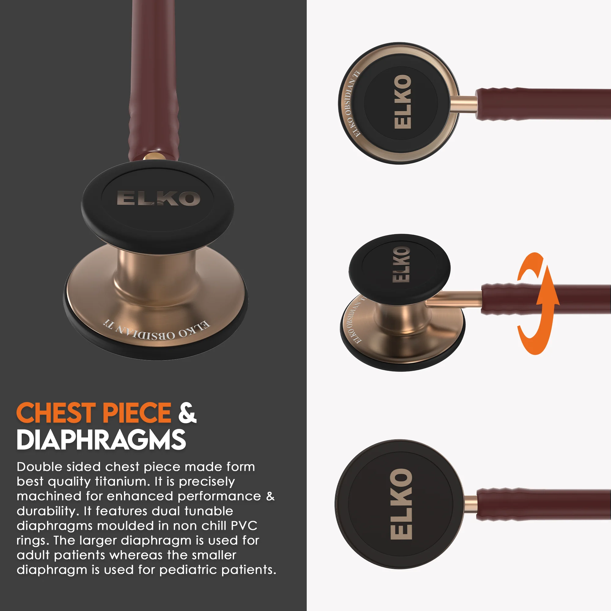 ELKO OBSIDIAN Series Titanium Stethoscope – Rose Gold Edition / Brown Tubing - Image 4