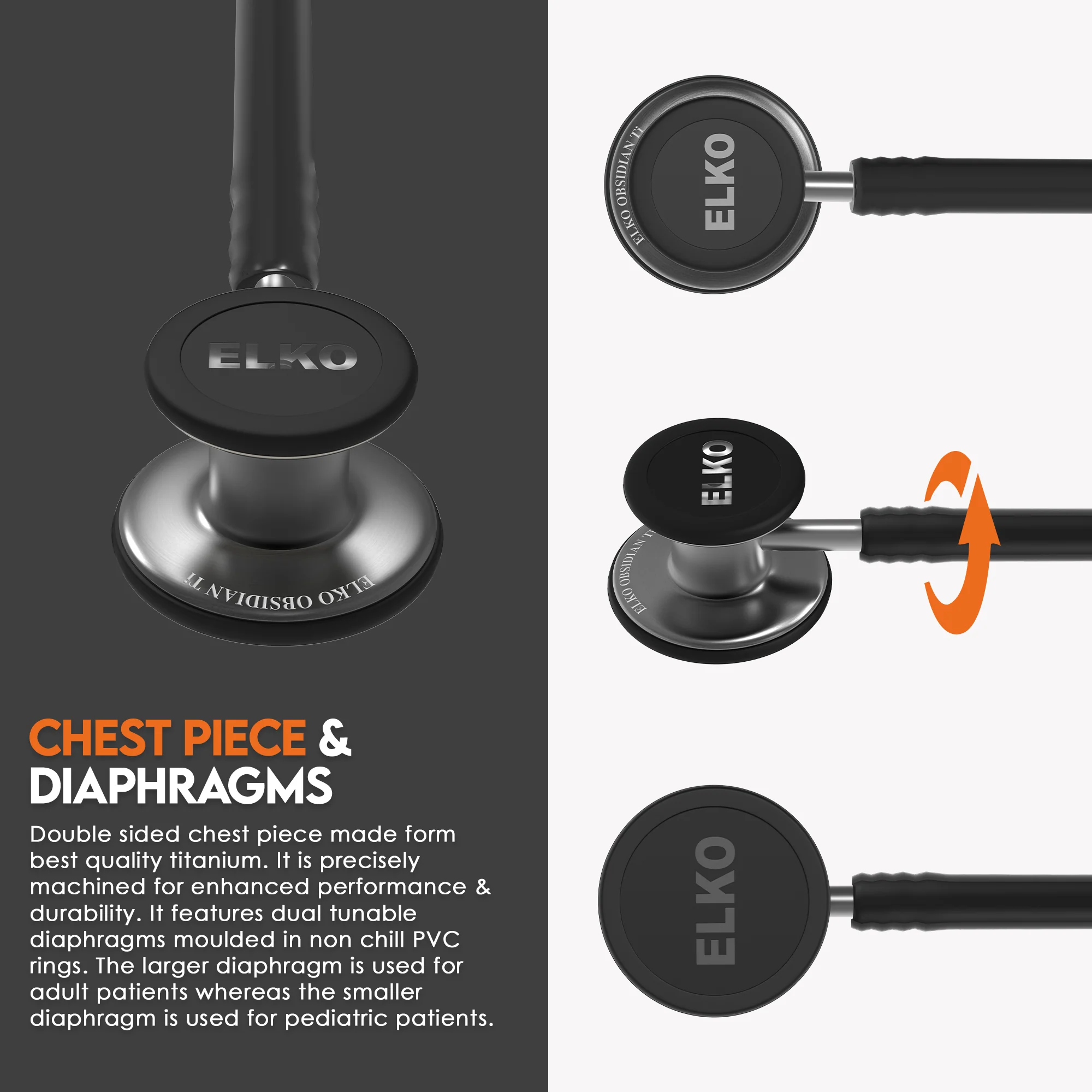 ELKO OBSIDIAN Series Titanium Stethoscope – Smoke Grey Edition / Black Tubing - Image 3