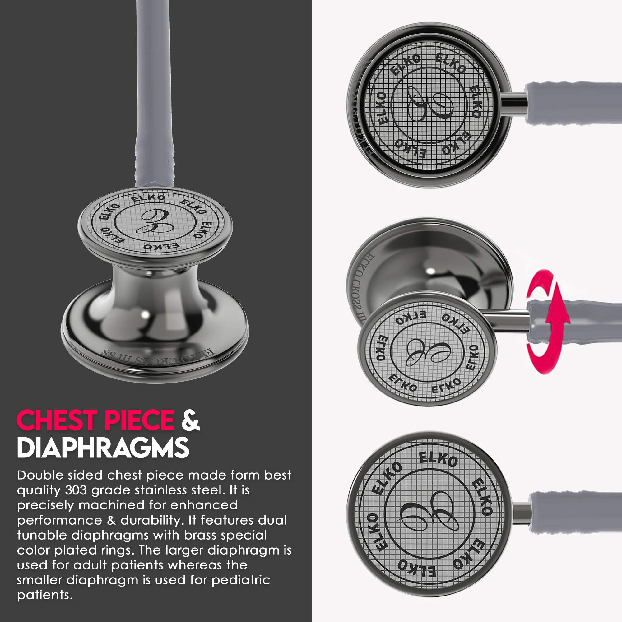 ELKO CROSS III SS Stainless Steel Stethoscope - Smoke Grey - Image 6